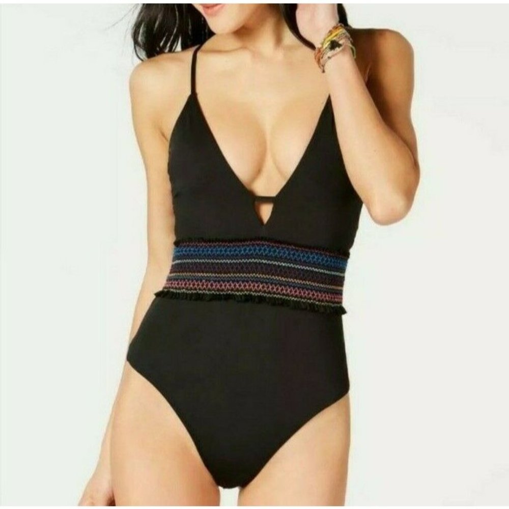Bar III Swimsuit Womens Medium Black Rainbow Smocking Solids One Piece Smocked